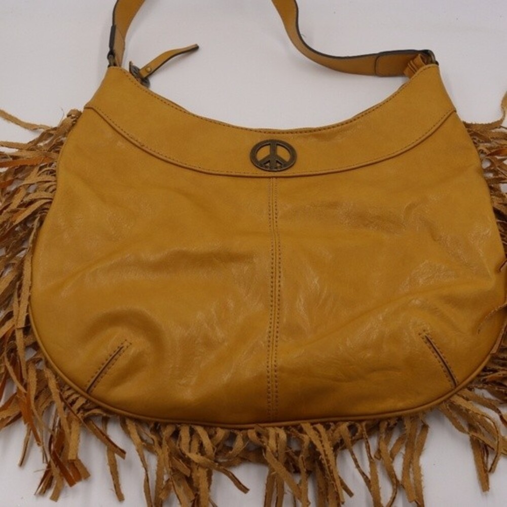 Access Liz Claiborne Tan Fringe Peace Sign Hobo Shoulder Bag Purse